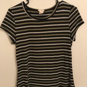 Army green, black and white striped tee